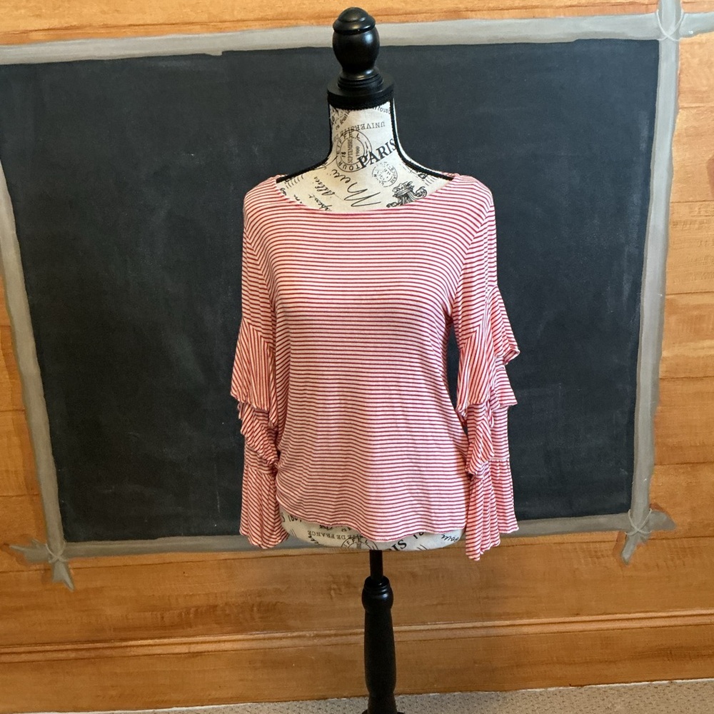 Gianni Bini Red Striped Ruffle Sleeve Blouse medium